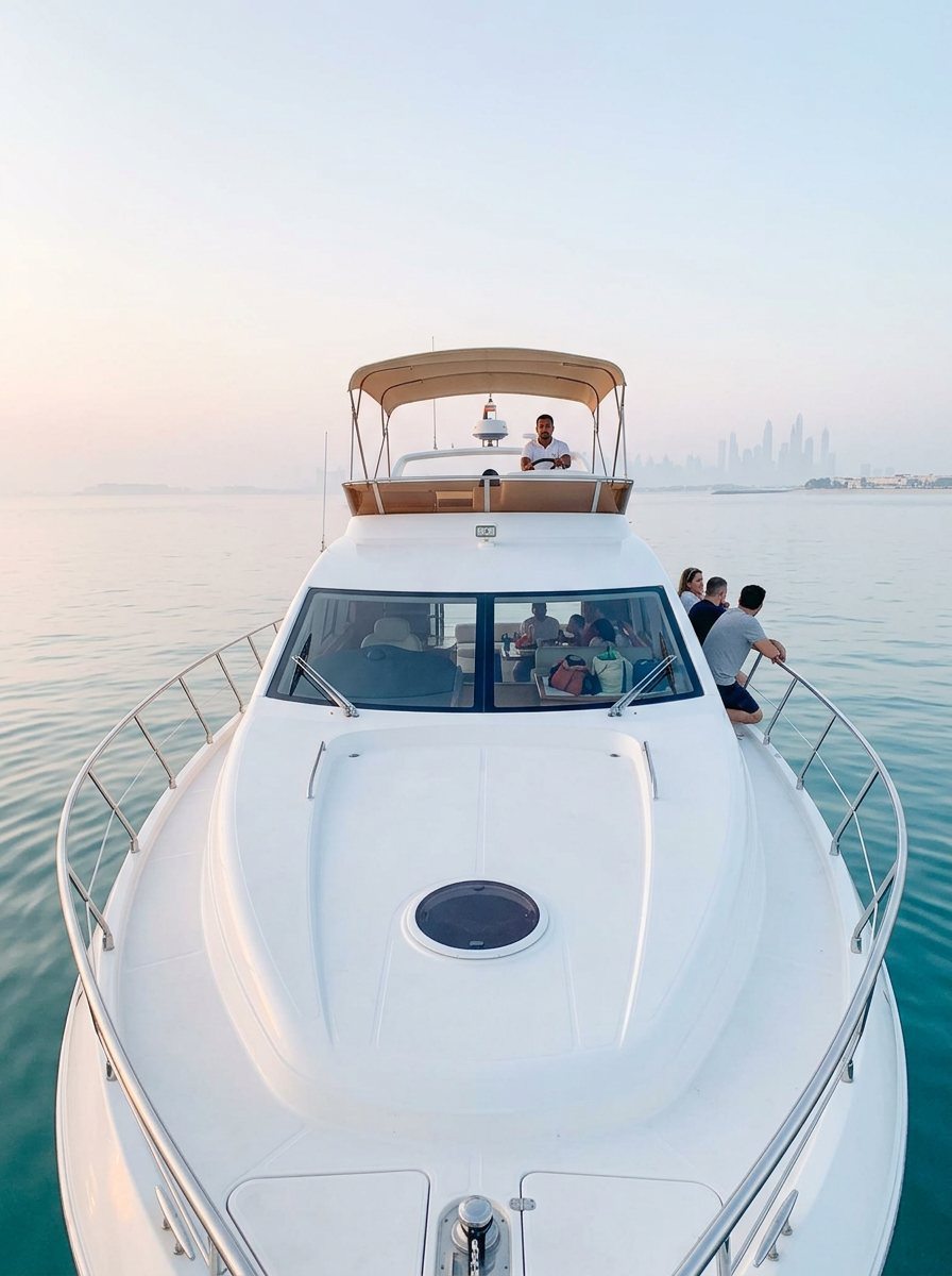 Captain steering the yacht while guests relax on the stern deck