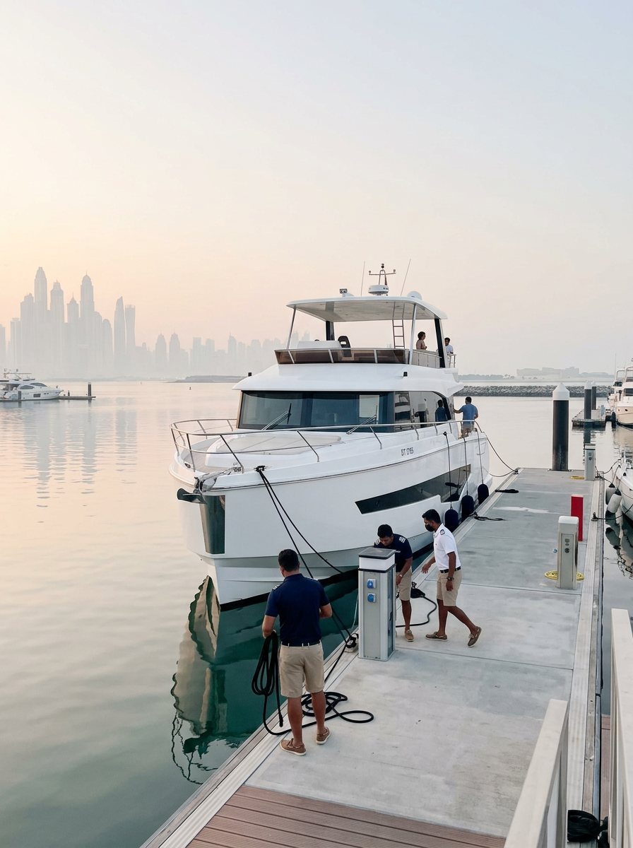 Crew members in uniform standing beside yachts at a Dubai marina pier