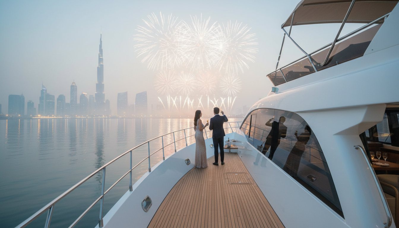 Guests holding drinks on deck watching fireworks over the Dubai skyline