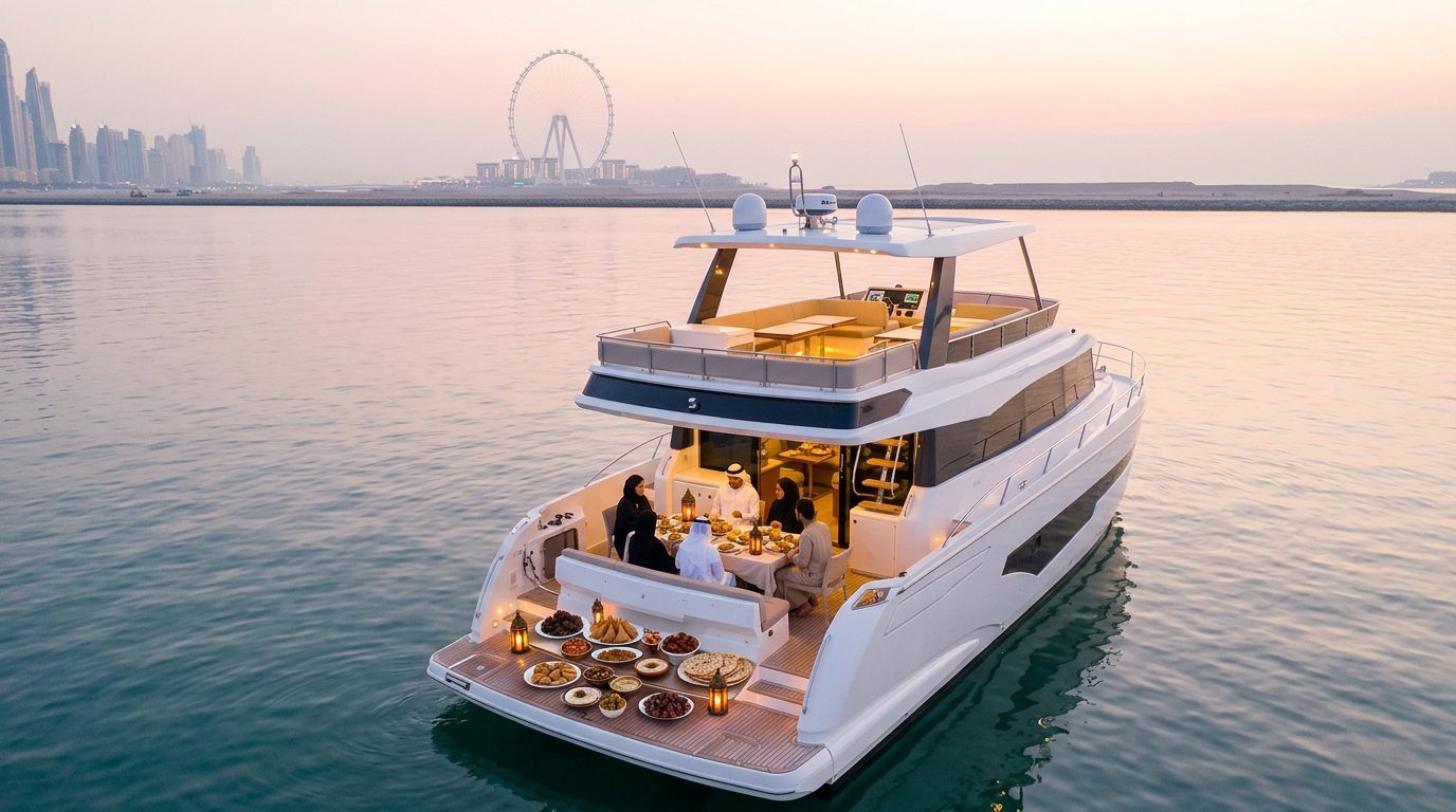 Iftar dining table with dates and lanterns on yacht deck off Dubai