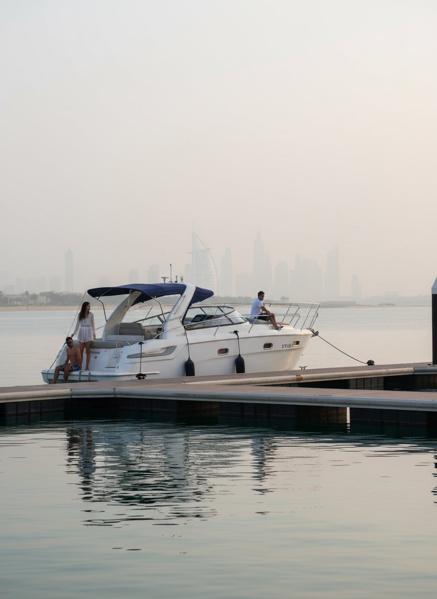 Uniformed yacht crew members gathered on a marina dock in Dubai