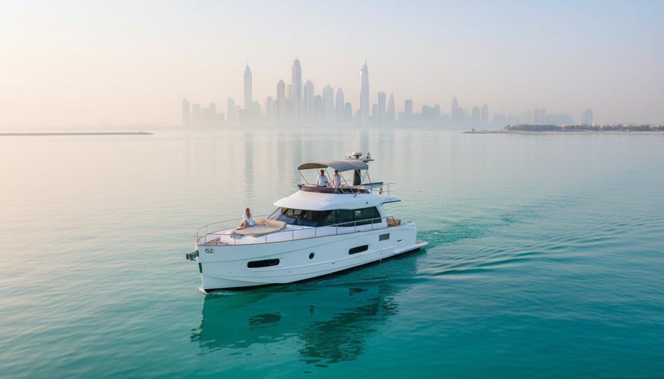 White motor yacht cruising past famous Dubai landmarks during warm evening