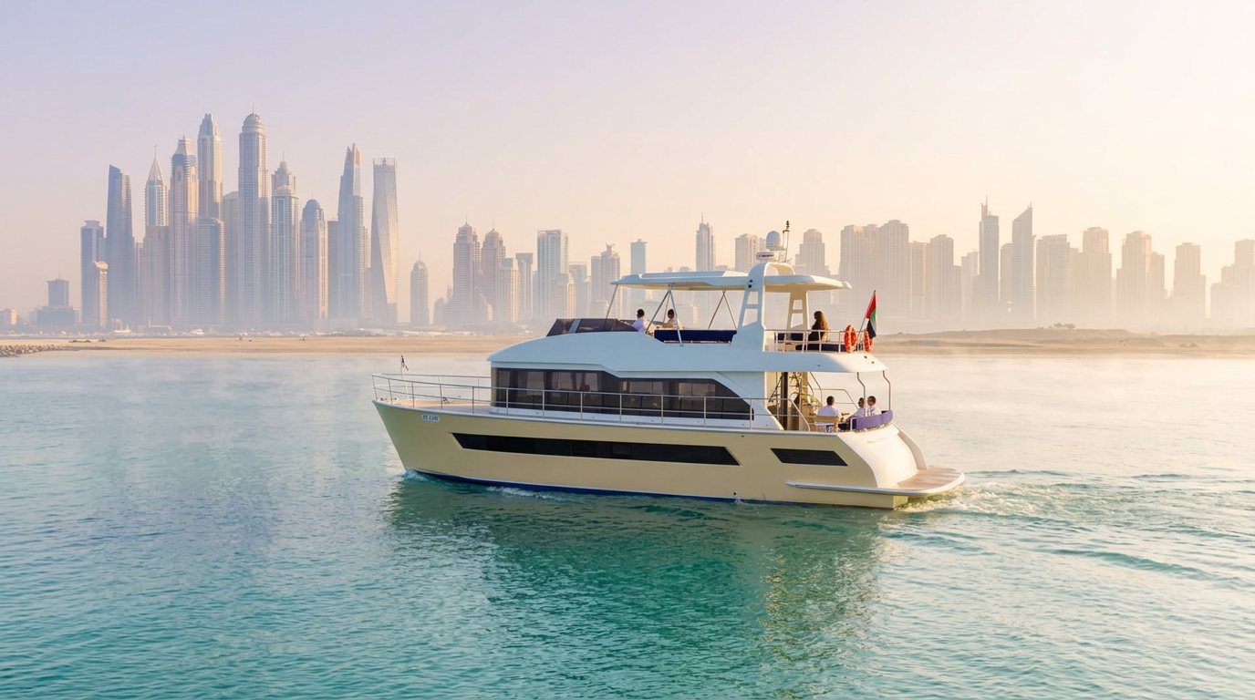 White motor yacht gliding on calm sea before the Dubai skyline