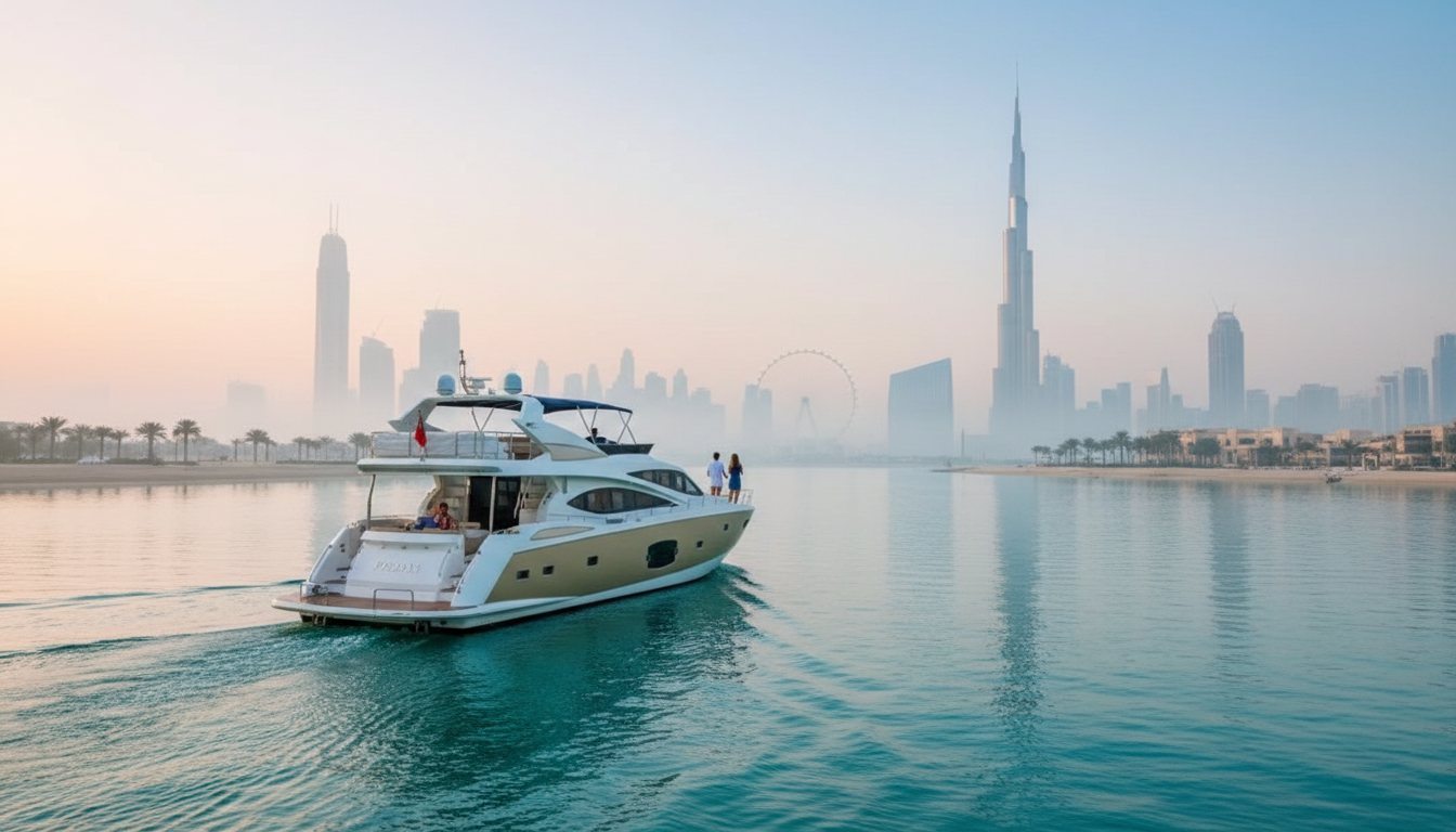 Yacht aft deck looking toward distant illuminated Dubai landmarks at dusk