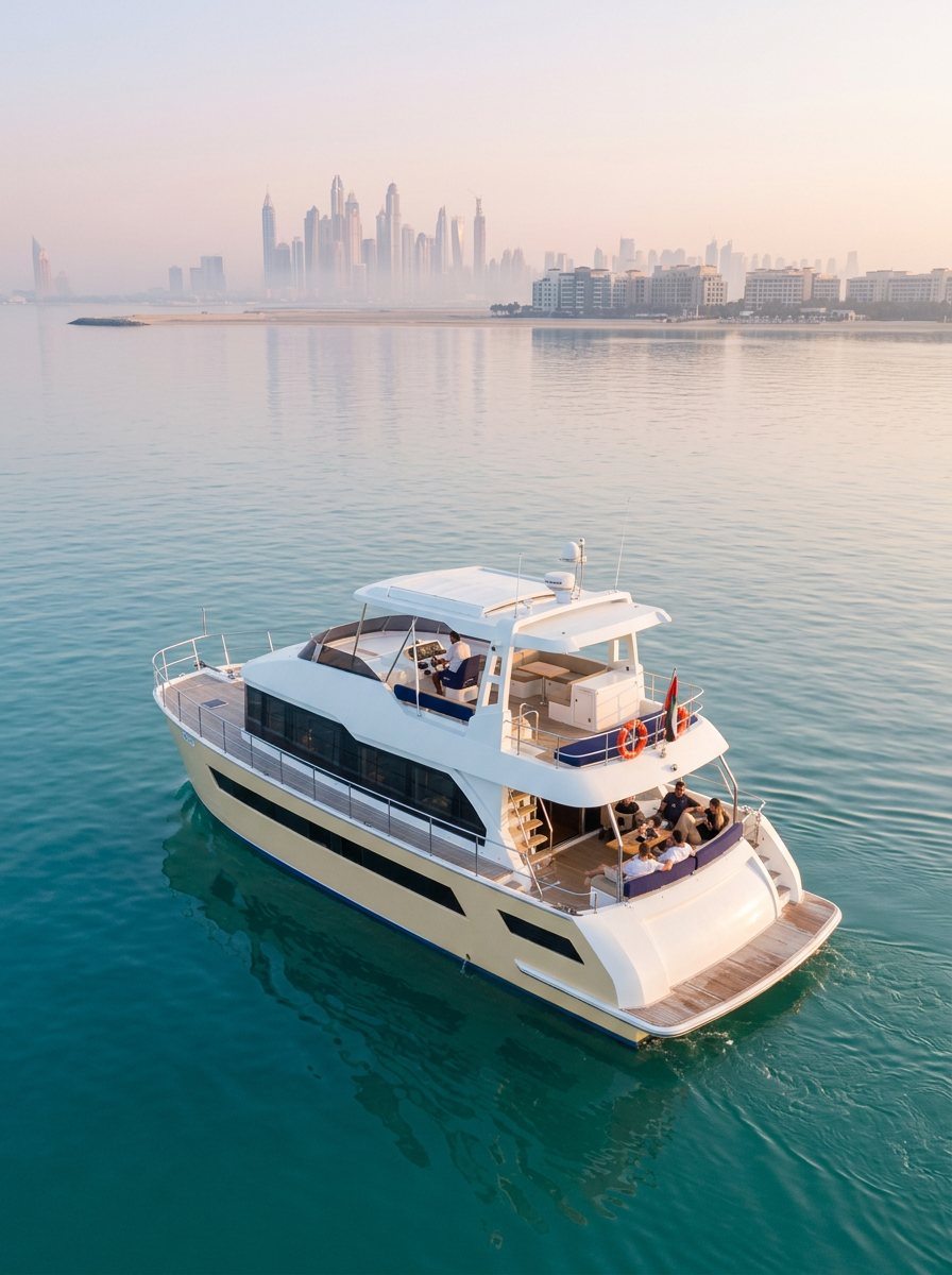 Yacht captain at the controls while passengers lounge on the rear deck