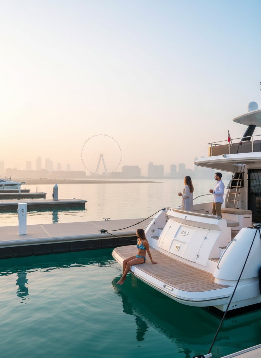 Yacht crew assembled on the marina pontoon under gentle morning light