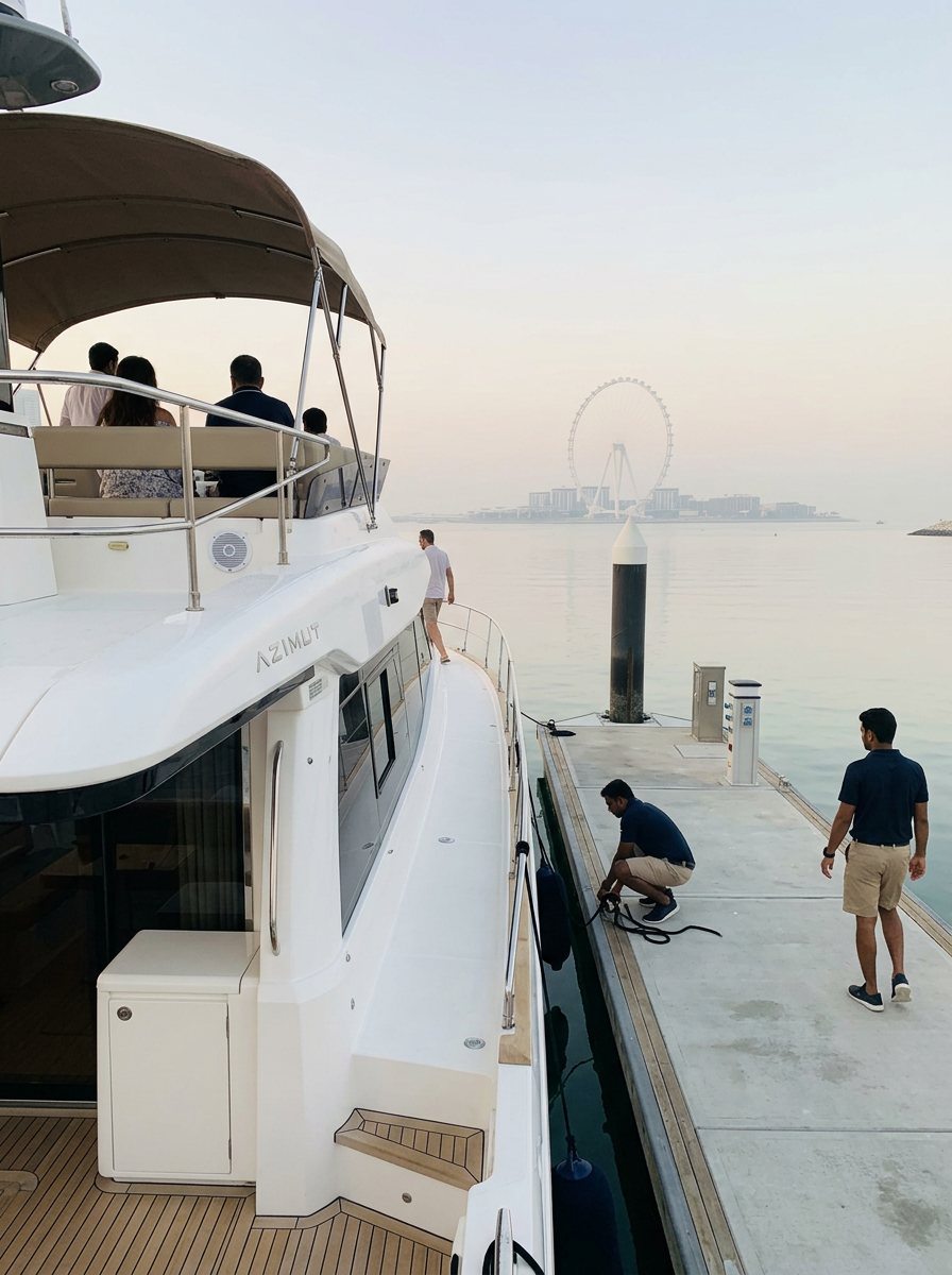 Yacht crew standing along the marina pier beside moored vessels in Dubai